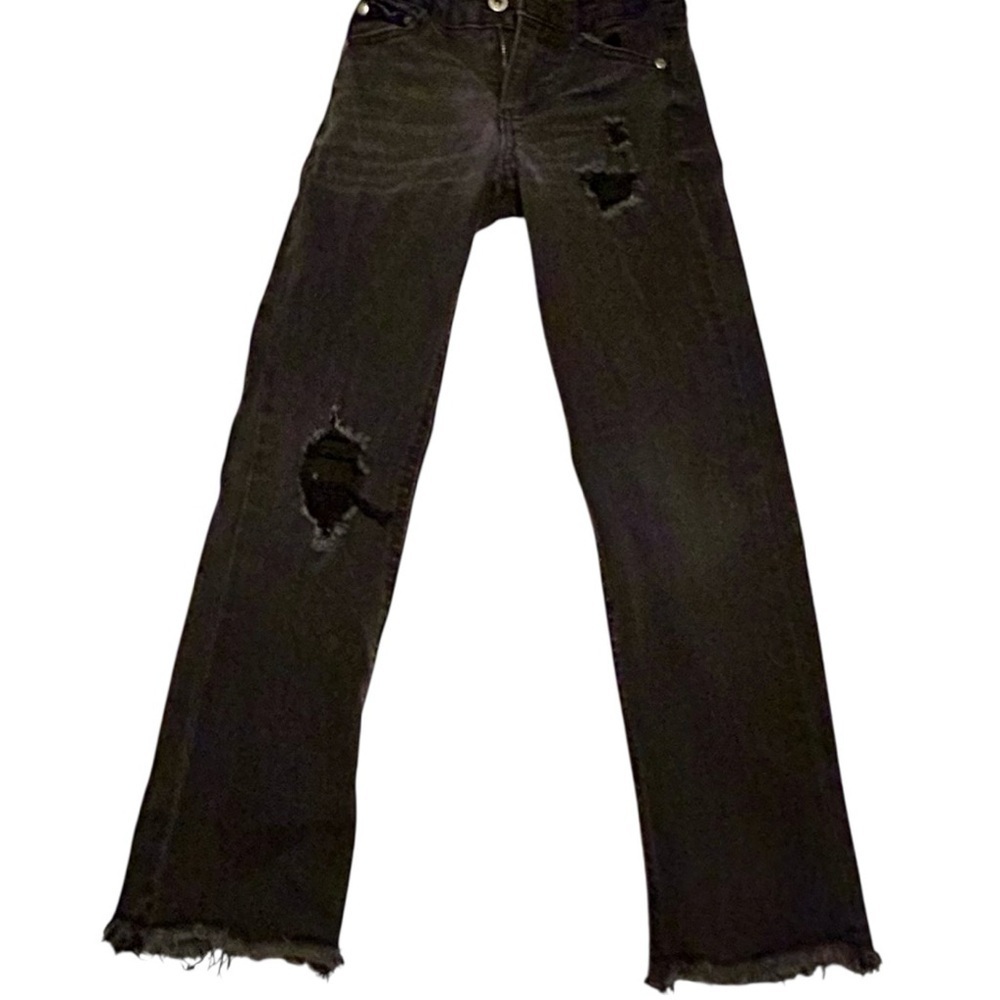 Girls Black Distressed Jeans | Size 7 | Adjustable Waist | Frayed Hem | EUC